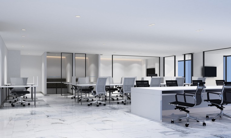 Working area in modern office with white marble floor and meeting room | McSwain Carpet & Floors